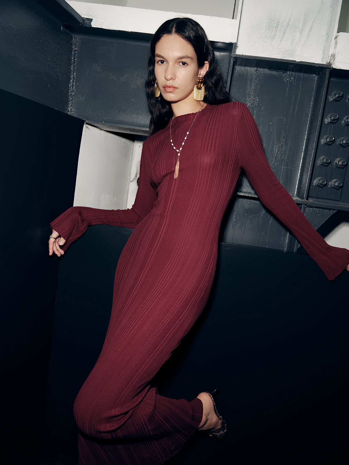 Slim-Fit Long Sleeve Knit Maxi Dress
