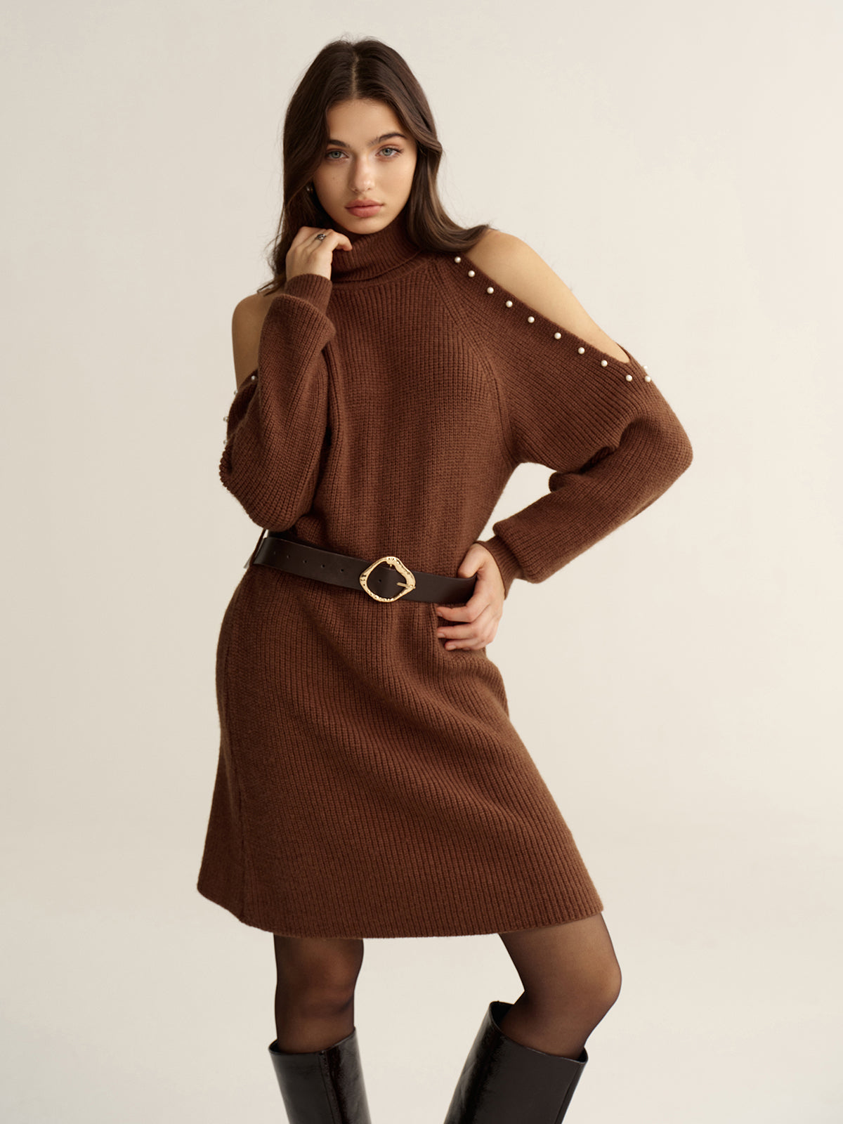 Belted Cold-Shoulder Turtleneck Knit Dress