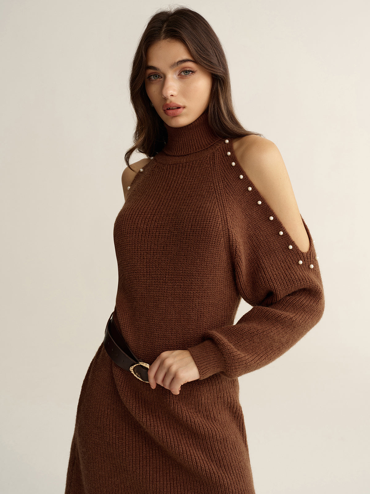 Belted Cold-Shoulder Turtleneck Knit Dress