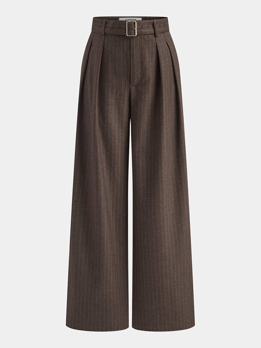 Belted Pinstripe Mid-Waist Wide-Leg Pants