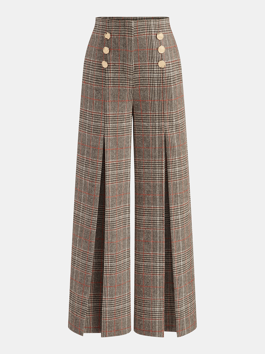 Metal Detail Slit Plaid Wide-Leg Pants