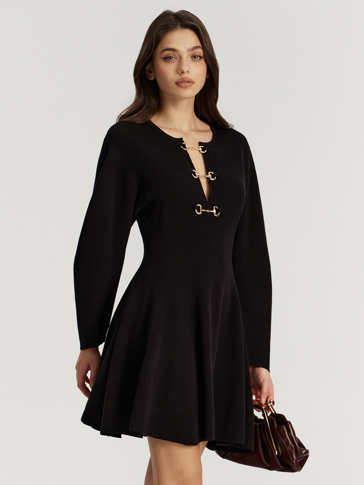 Horsebit Detail Knit Flared Dress