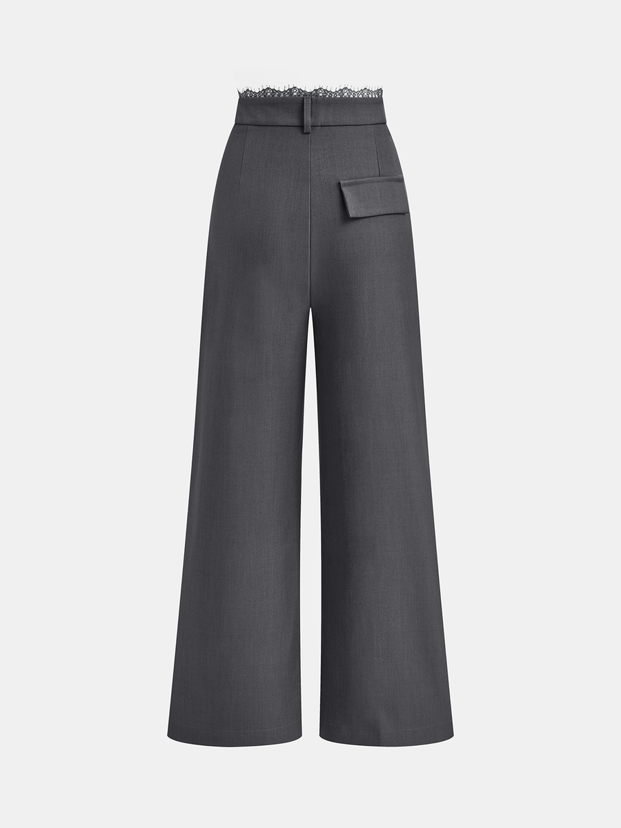 High-Waist Lace Trim Wide-Leg Pants