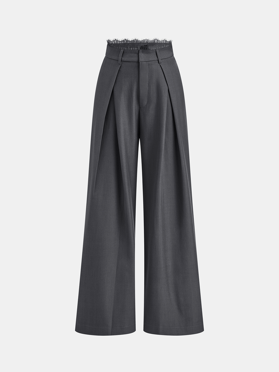 High-Waist Lace Trim Wide-Leg Pants