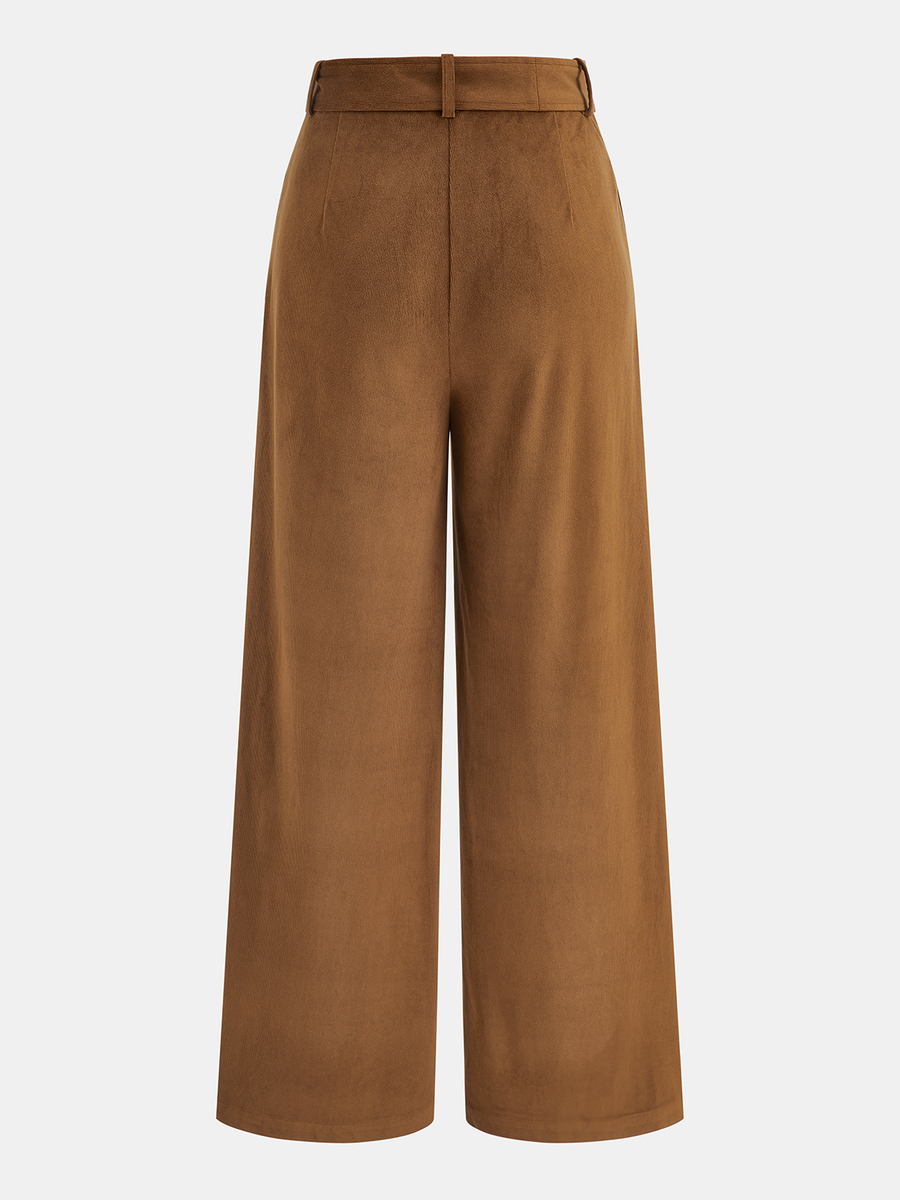Belted Mid-Waist Corduroy Pleated Pants