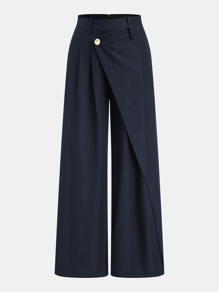 Asymmetric Buckle-Accented Wide-Leg Pants