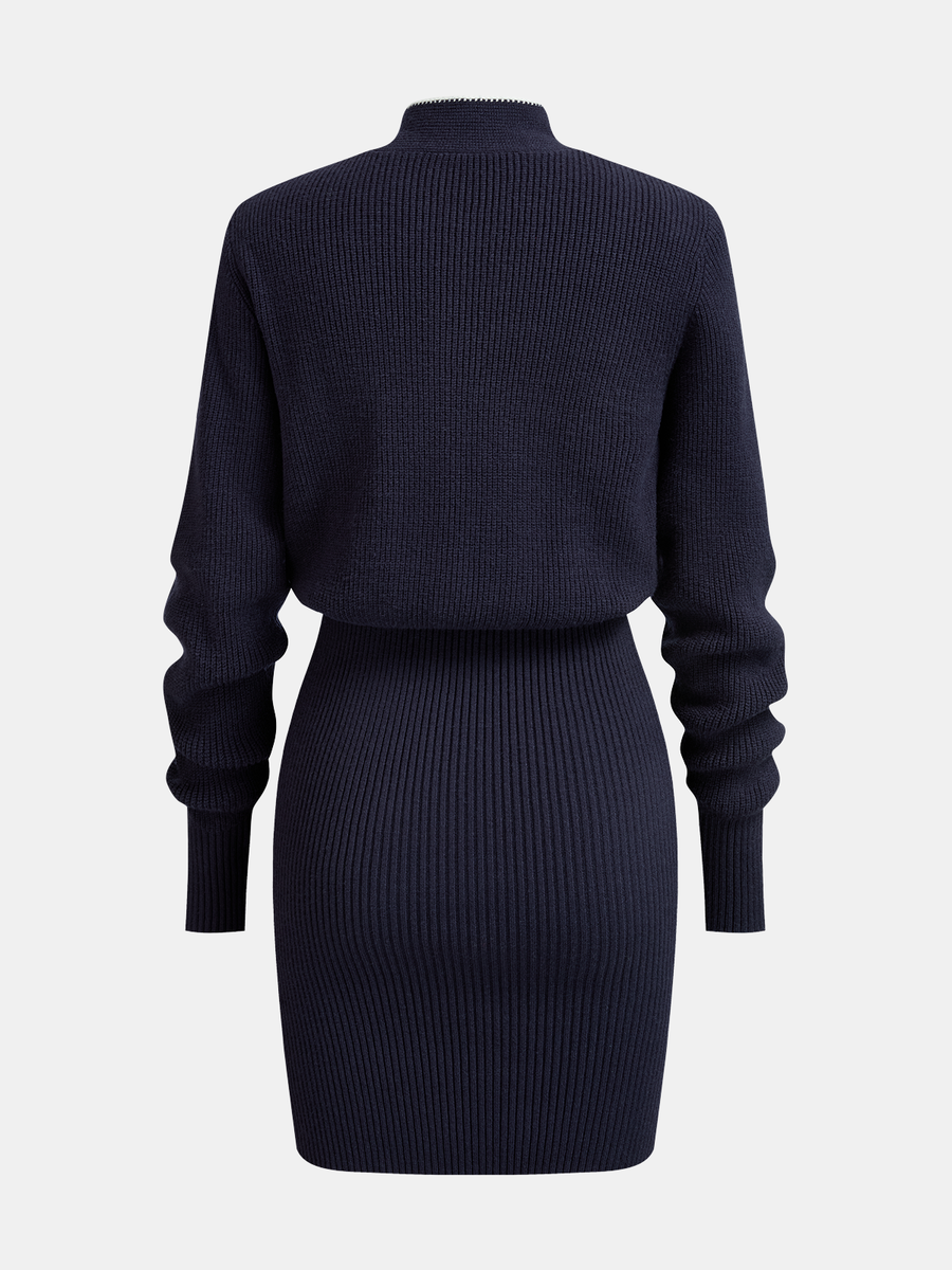 Contrast-Trim Tie-Neck Knit Midi Dress