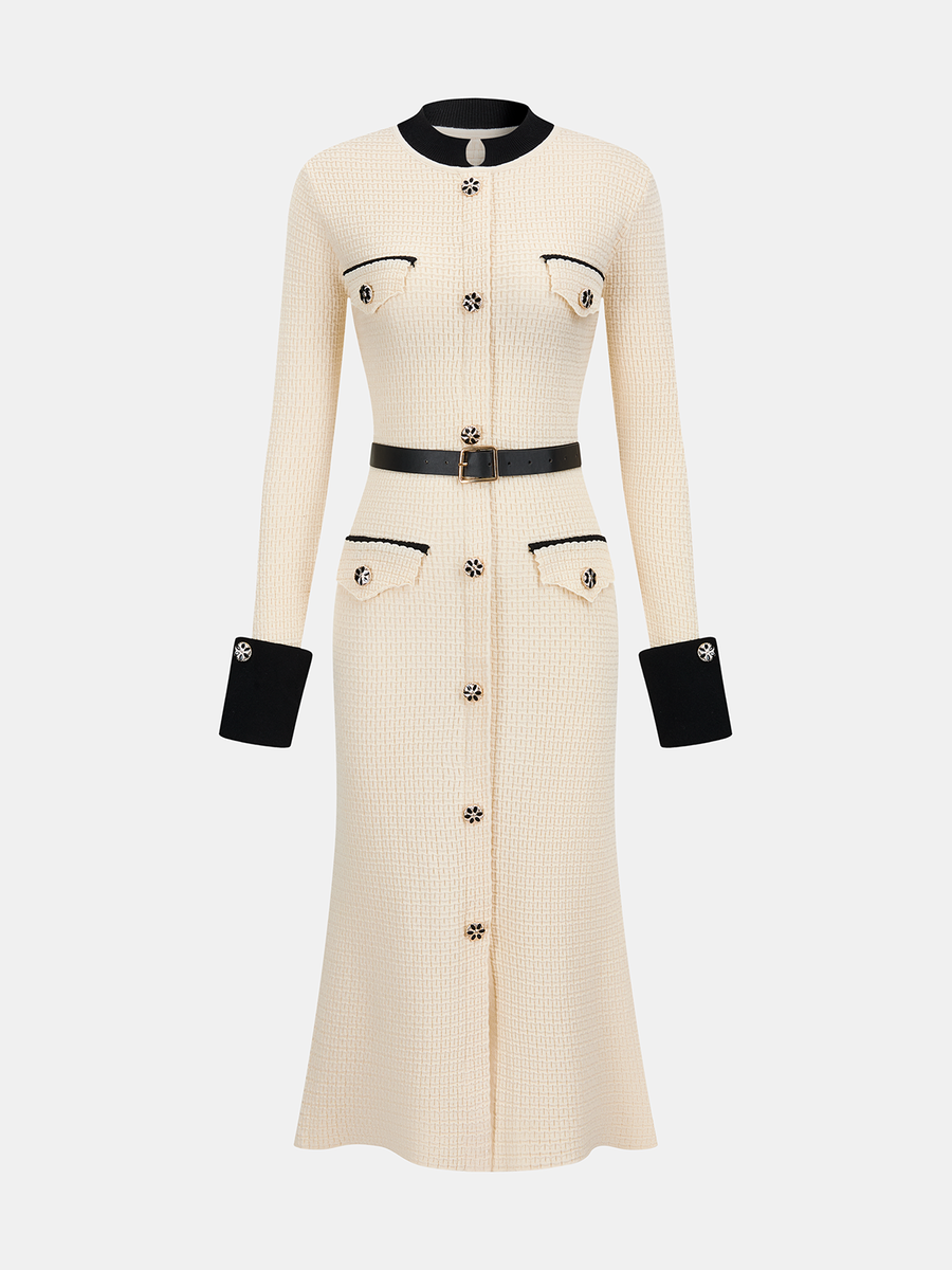 Contrast-Trim Button-Front Midi Dress with Belt