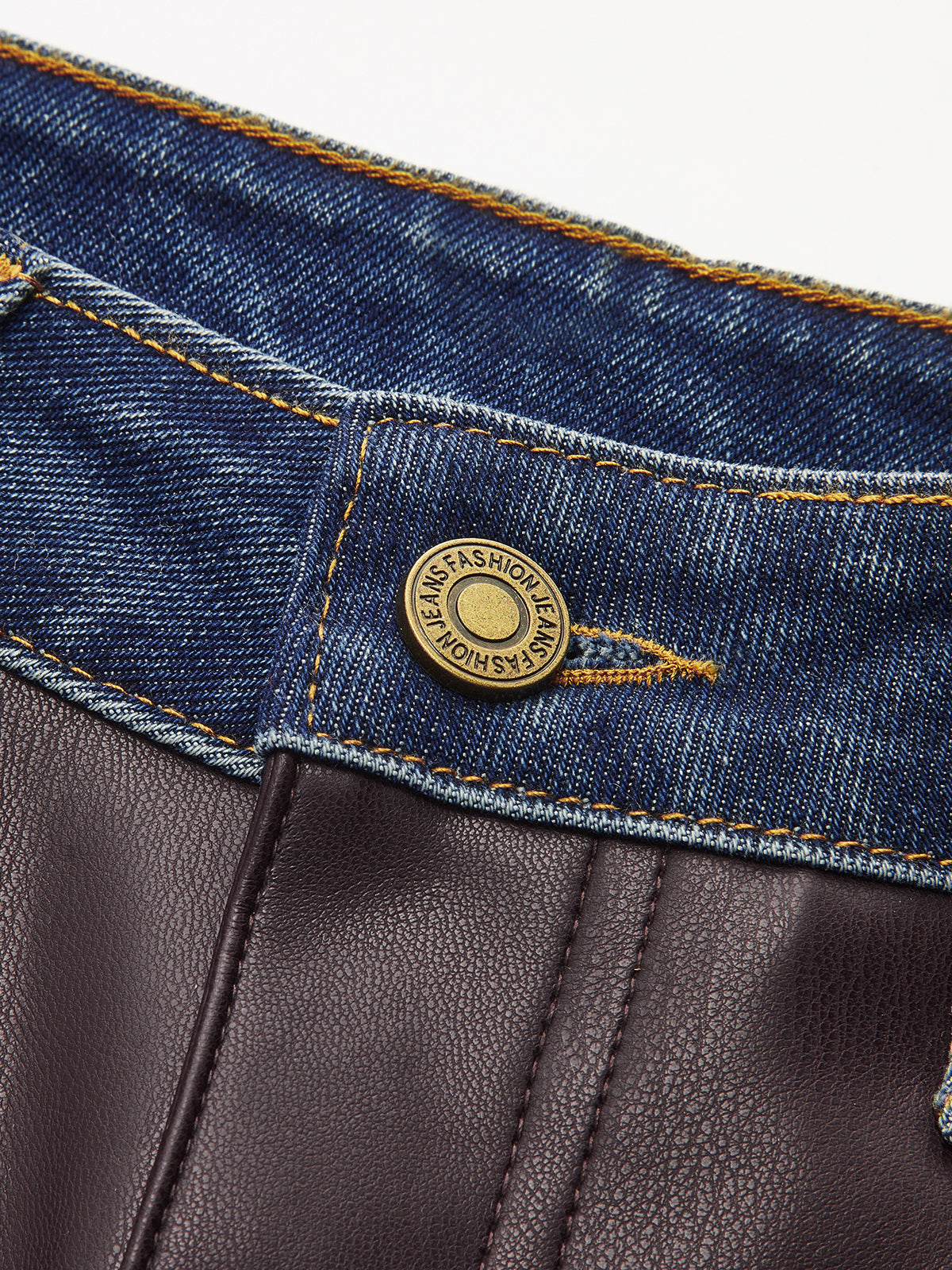 Denim Panel Faux Leather Straight-Leg Pants