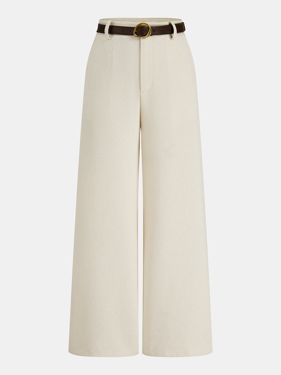 Belted Linen-Blend Wide-Leg Pants