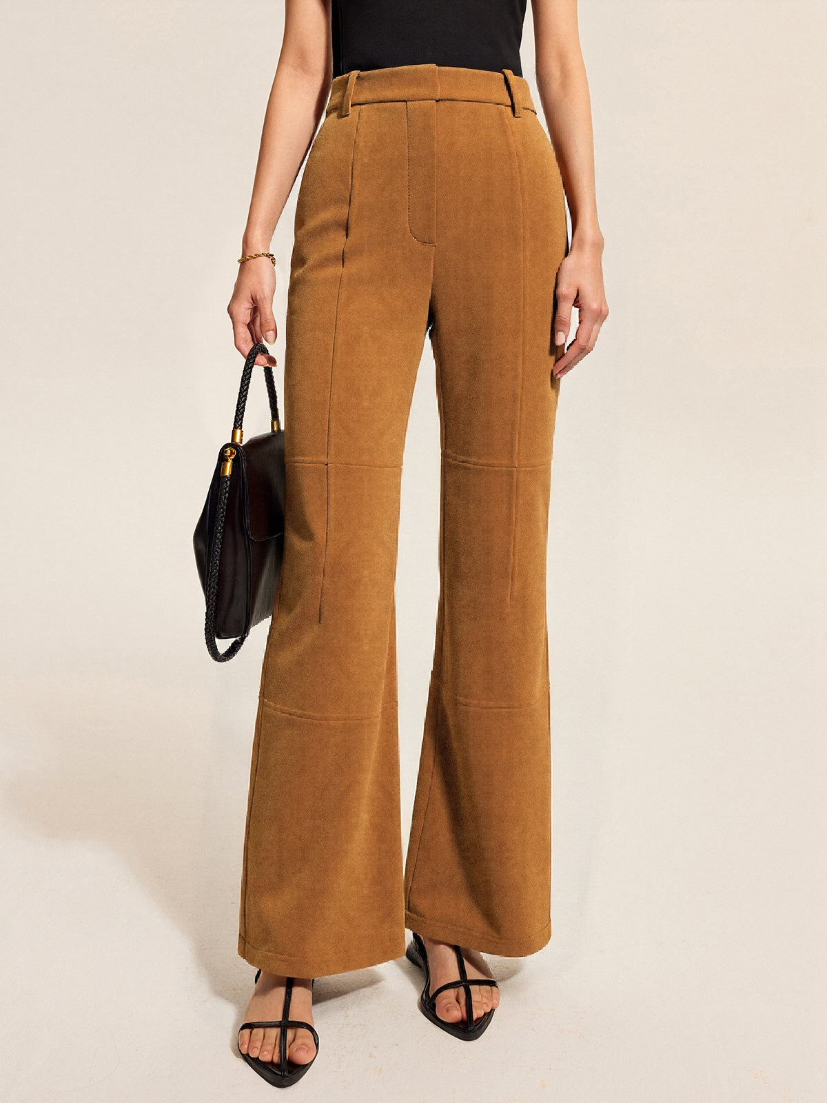 Suede Effect Mid-Waist Paneled Pants
