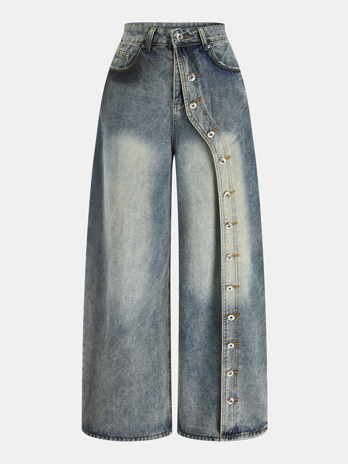Asymmetric Button Wide Leg Jeans