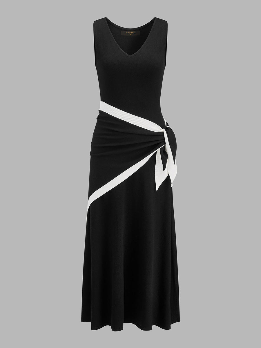 Color Block Tie Waist Sleeveless Maxi Dress