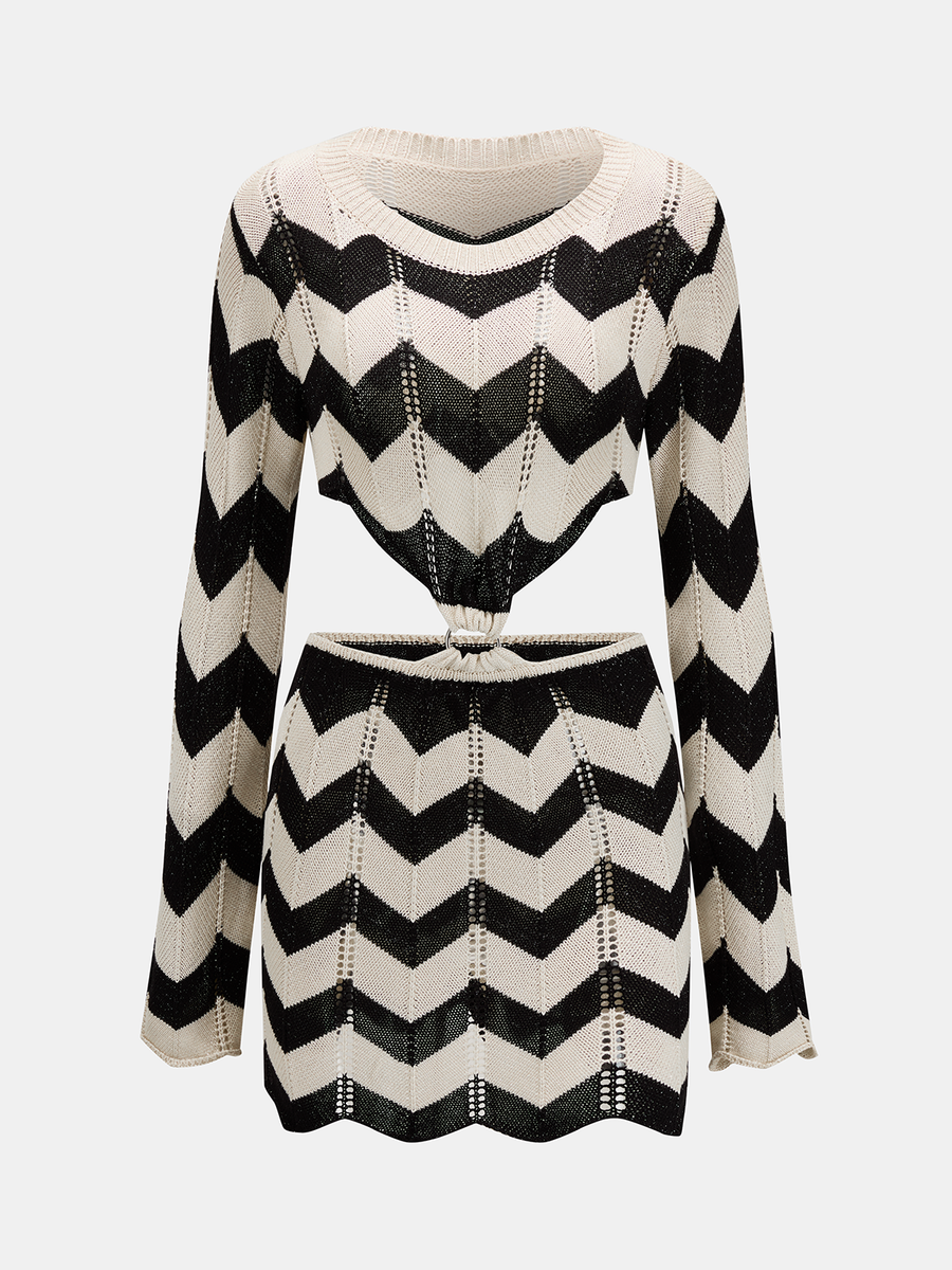 Long Sleeve Cutout Chevron Knit Mini Dress