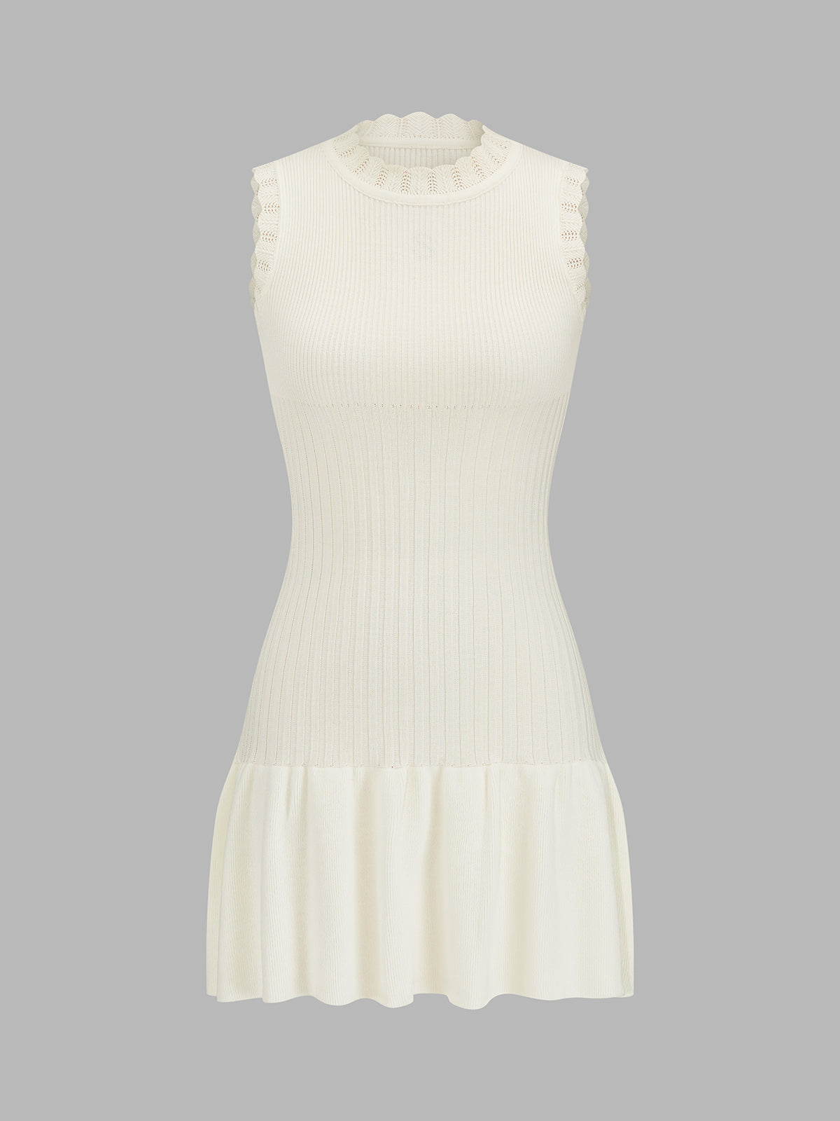 Ruffle Neck Ribbed Knit Sleeveless Mini Dress