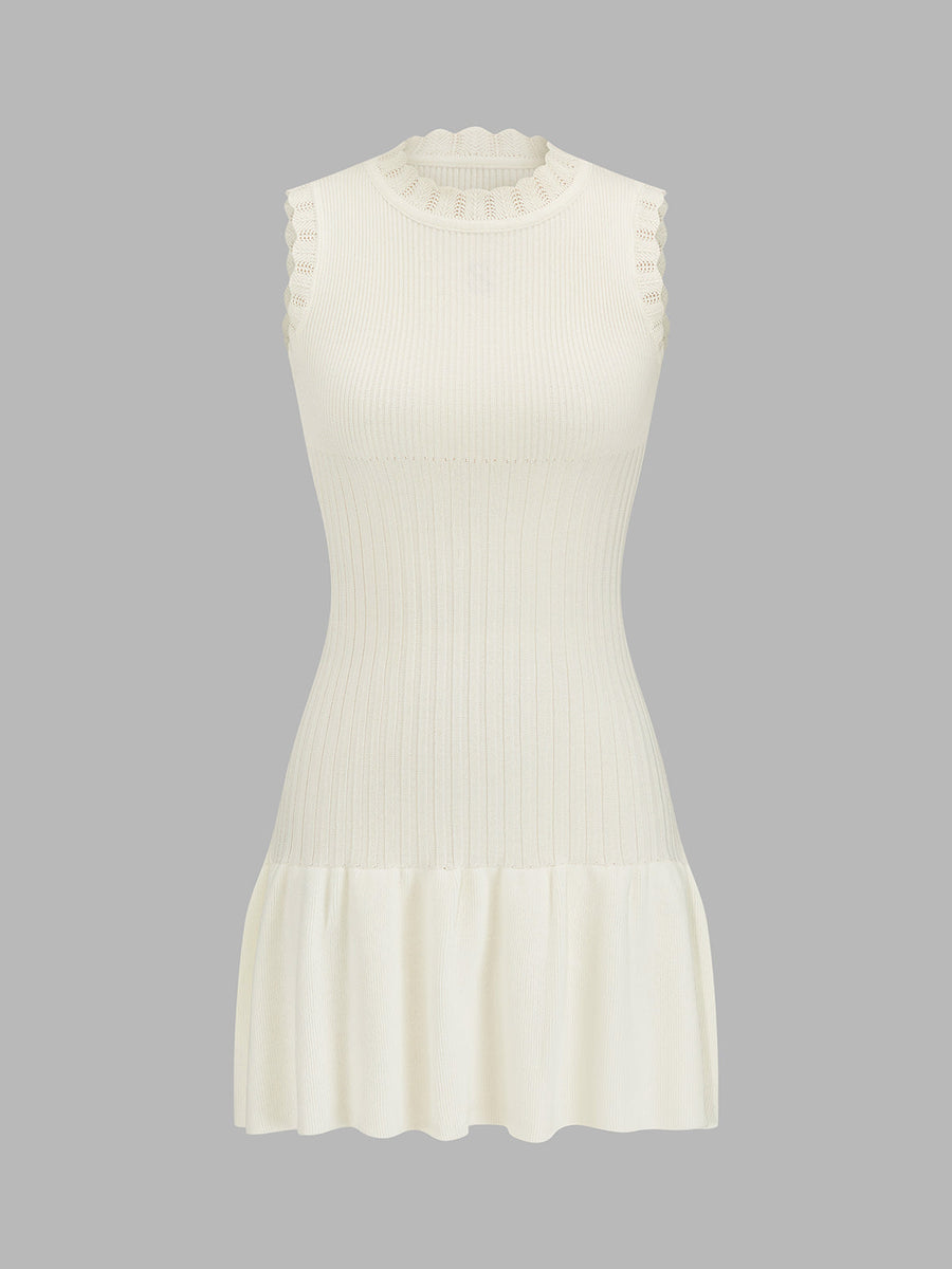 Ruffle Neck Ribbed Knit Sleeveless Mini Dress