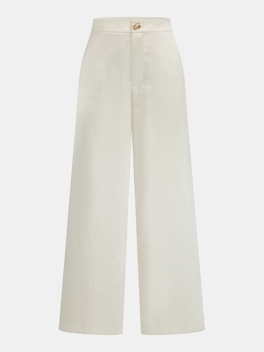 Metal Button Satin Wide Leg Pants