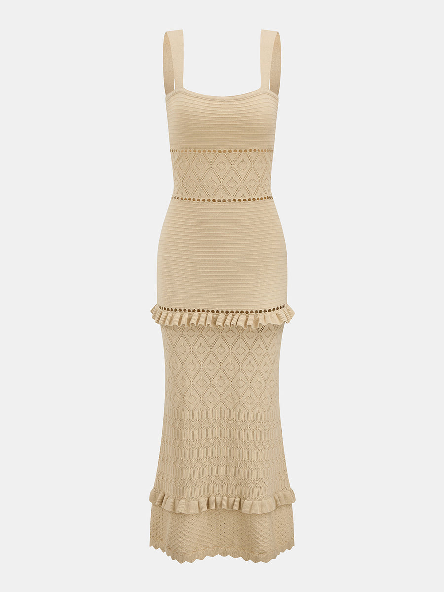 Hollow Knit Ruffle Maxi Slip Dress