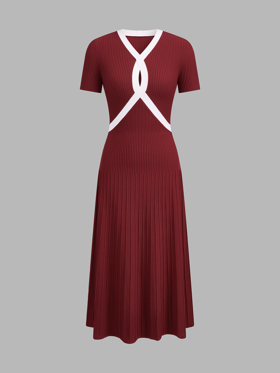 Contrast Trim Short Sleeve Knit Midi Dress