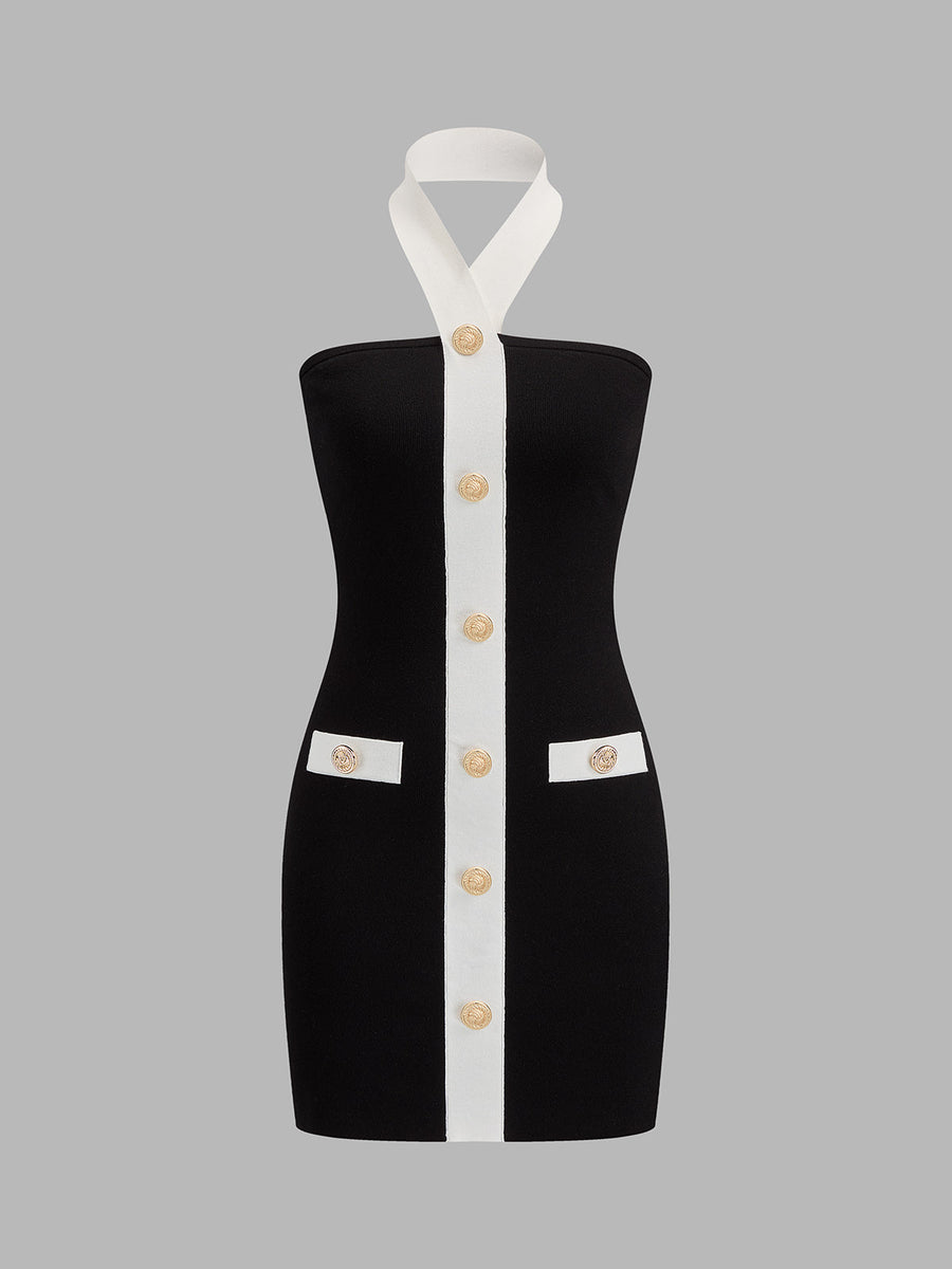 Halter Metal Button Bodycon Mini Dress