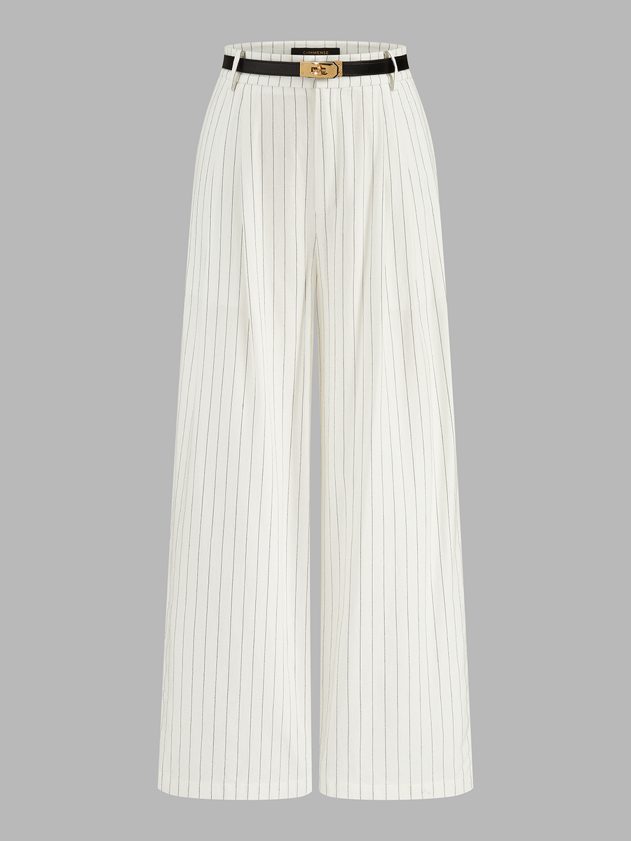 Belted Striped Cotton Linen Wide Leg Pants