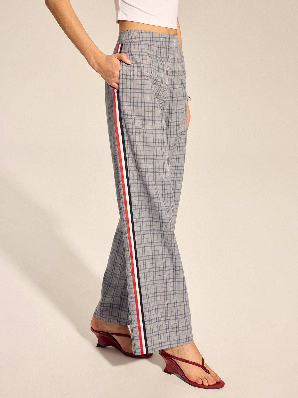 Plaid Side Stripe Straight Leg Pants
