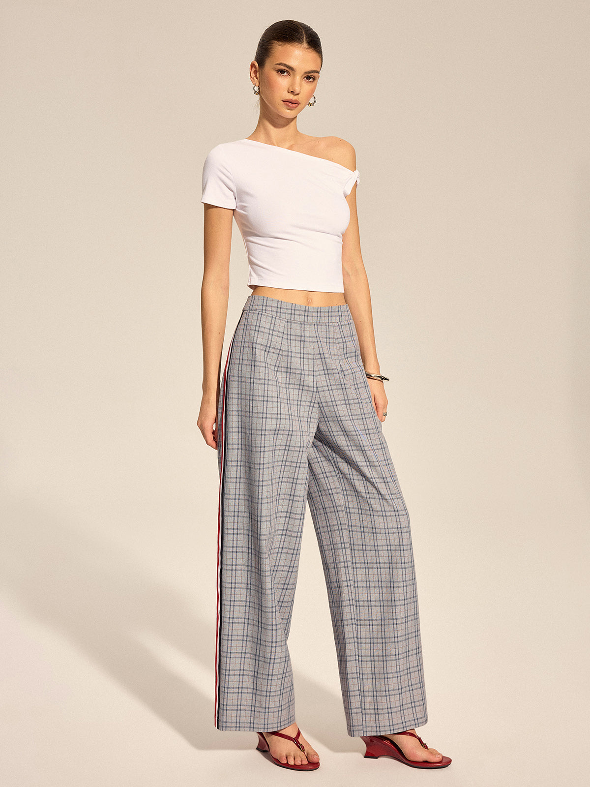 Plaid Side Stripe Straight Leg Pants