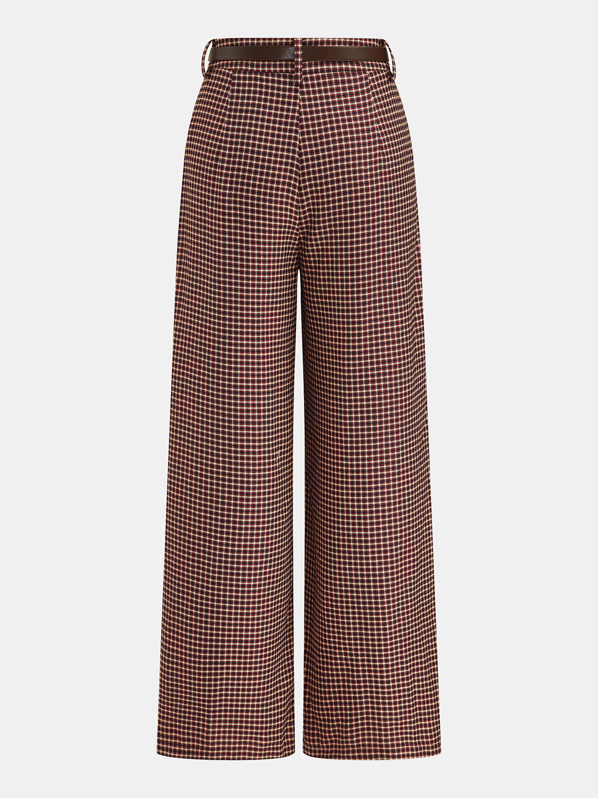 Belted Pleated Check Wide Leg Pants