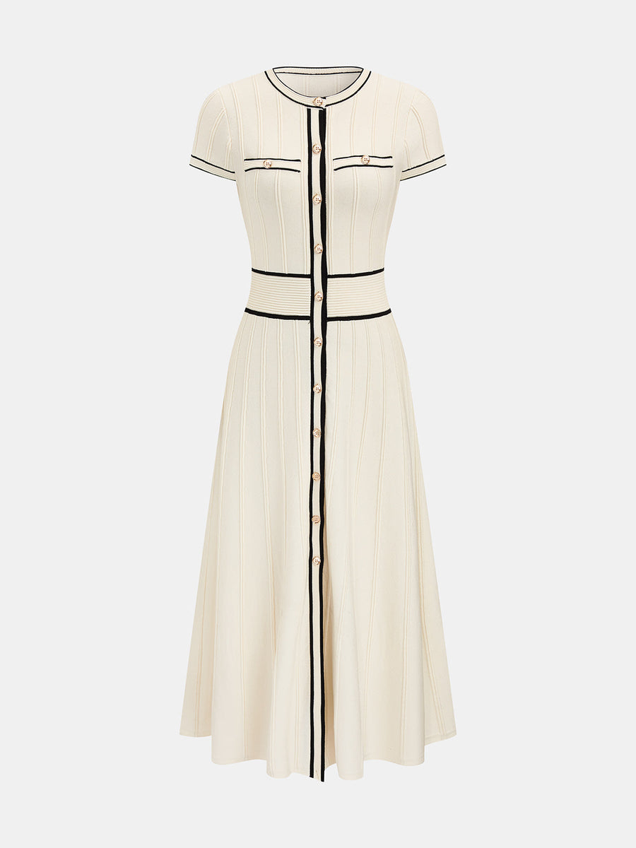 Short Sleeve Button Front Knit Midi Dress