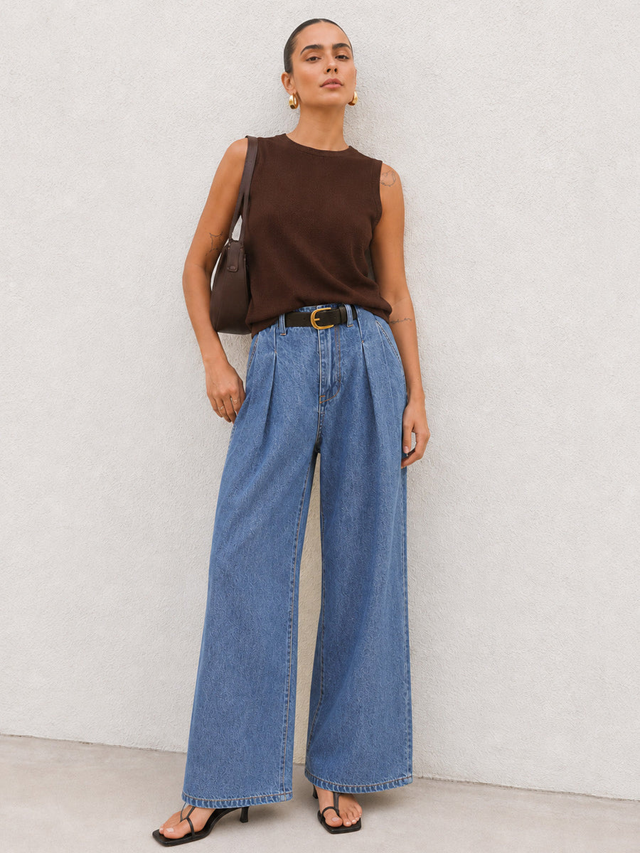 Belted Pleated Wide Leg Denim Pants