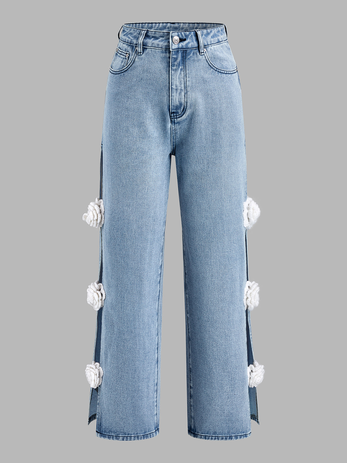 Floral Applique Side Slit Wide Leg Jeans