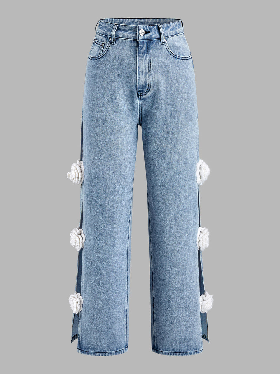 Floral Applique Side Slit Wide Leg Jeans