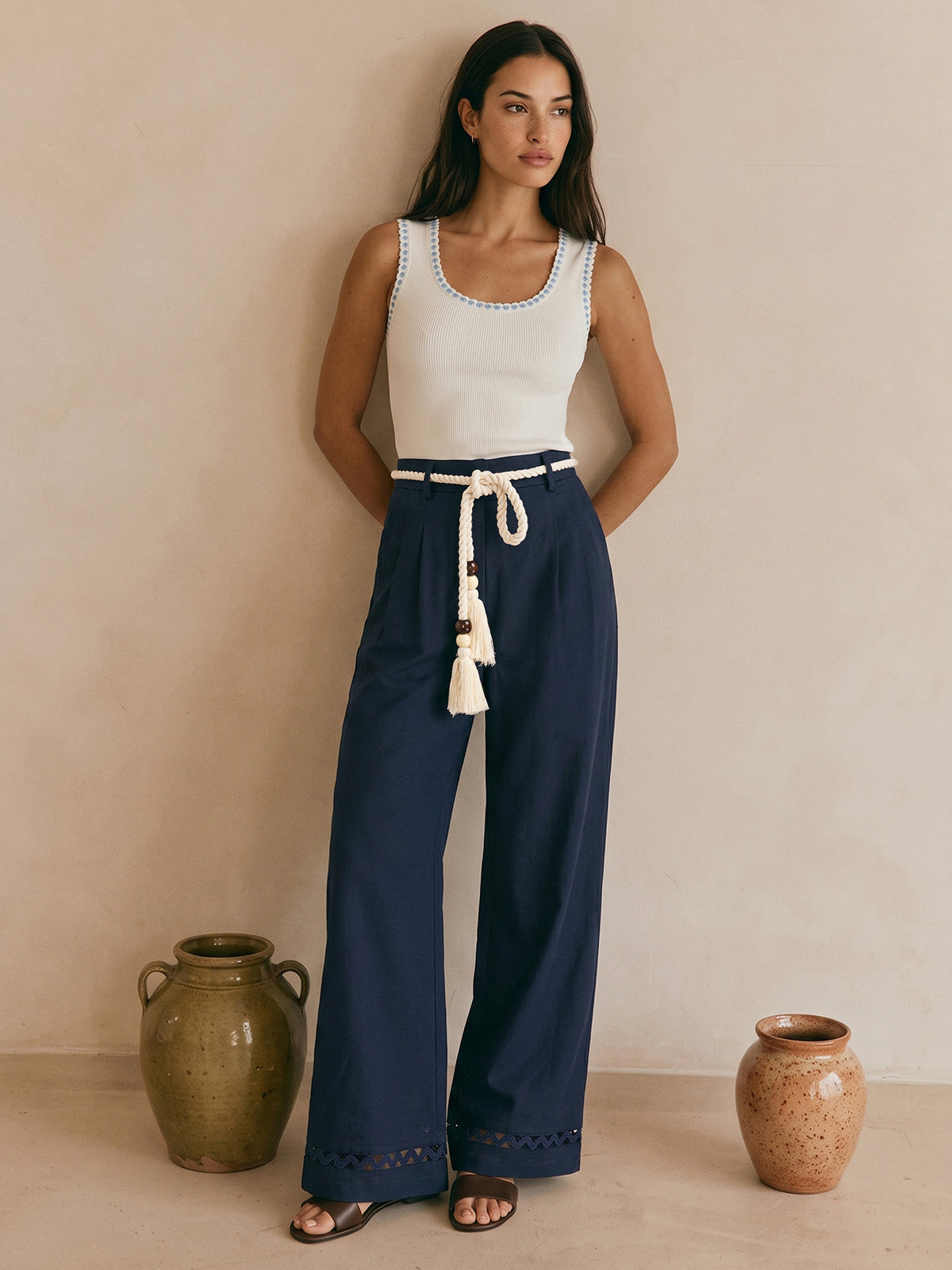 Belted Cotton Linen Wide Leg Pants