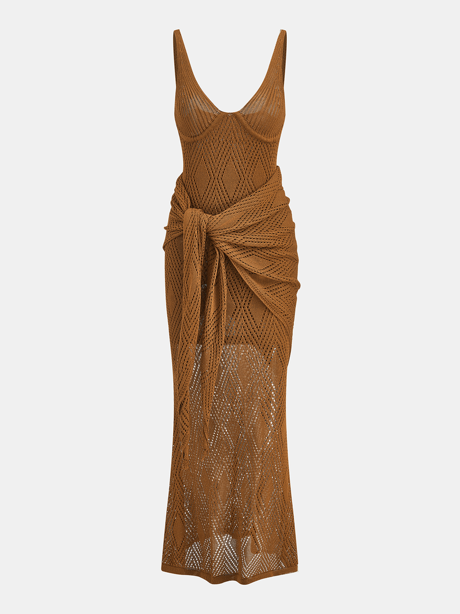 Diamond Knit Wrap Tie Midi Two Piece Dress