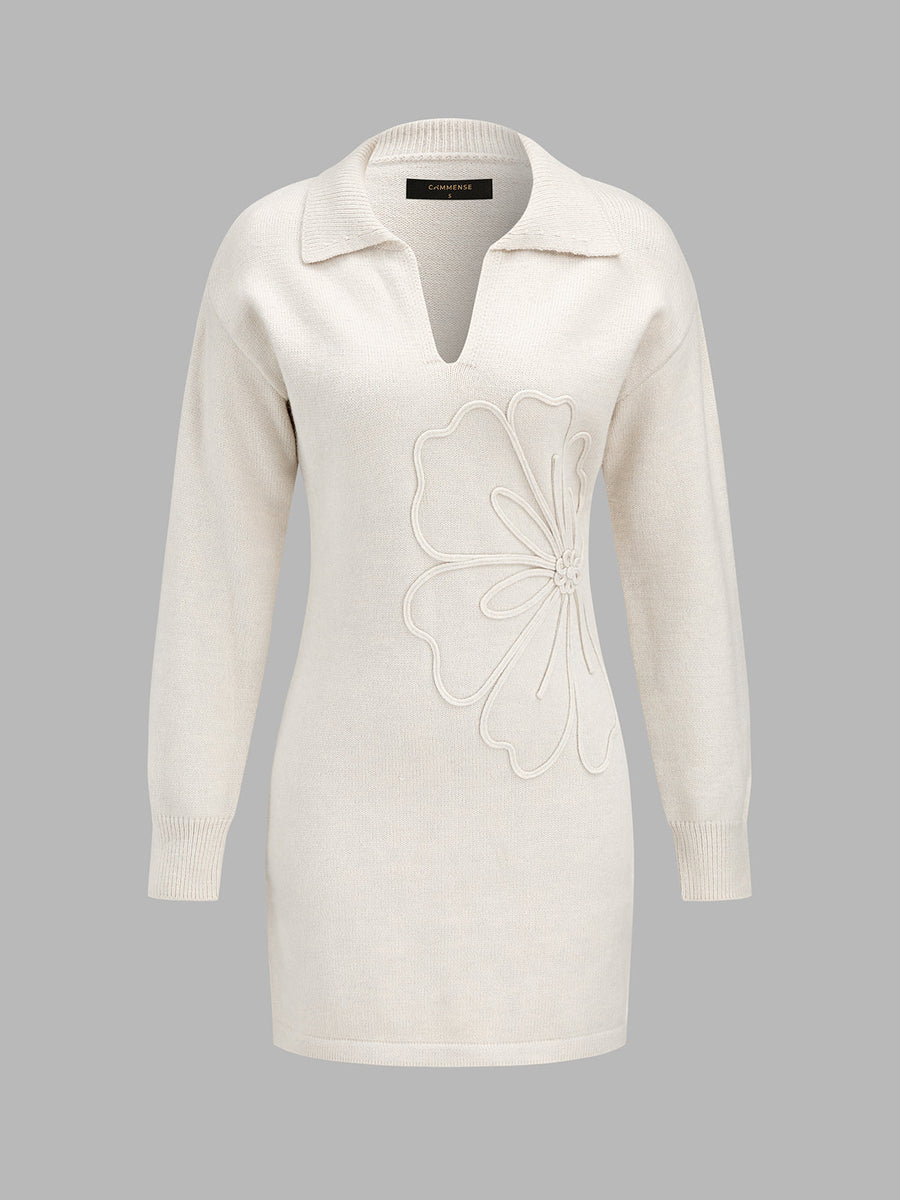 Floral Applique Polo Knit Mini Dress