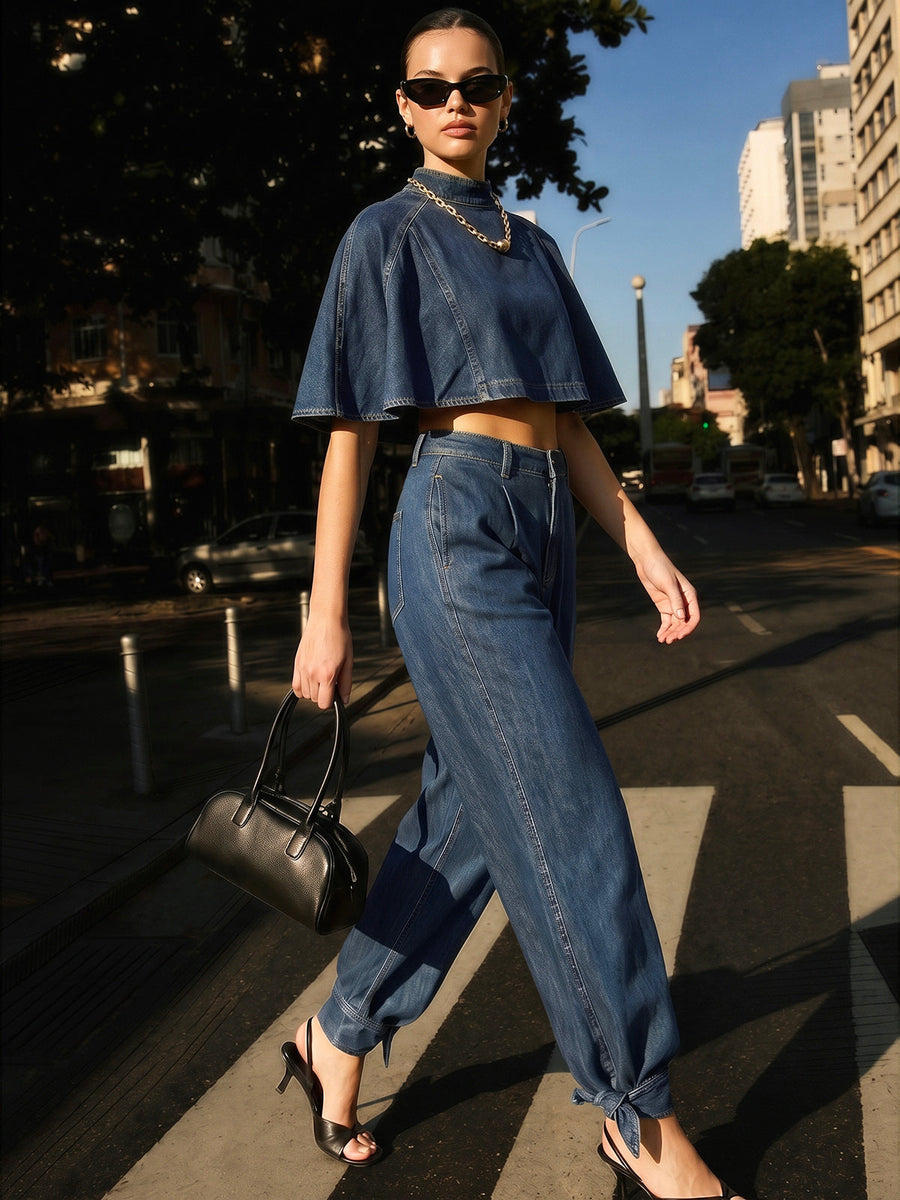 Mid Waist Tie Cuff Denim Pants