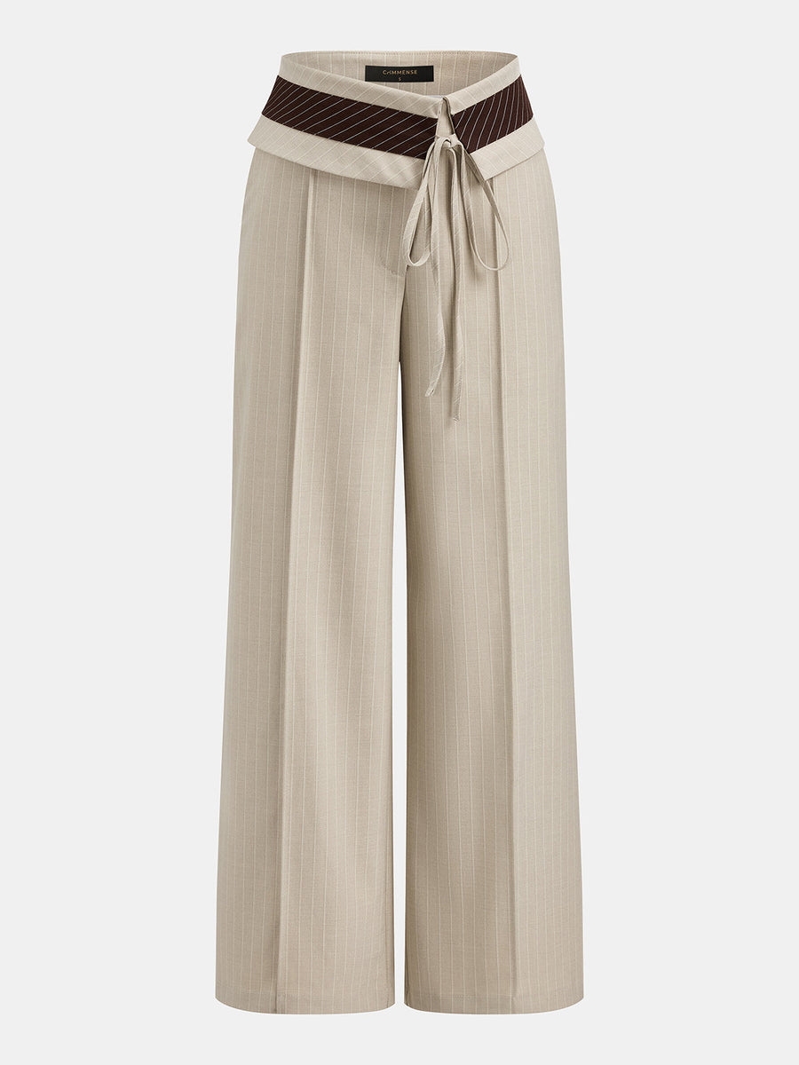 Fold Over Waist Pinstripe Wide Leg Pants