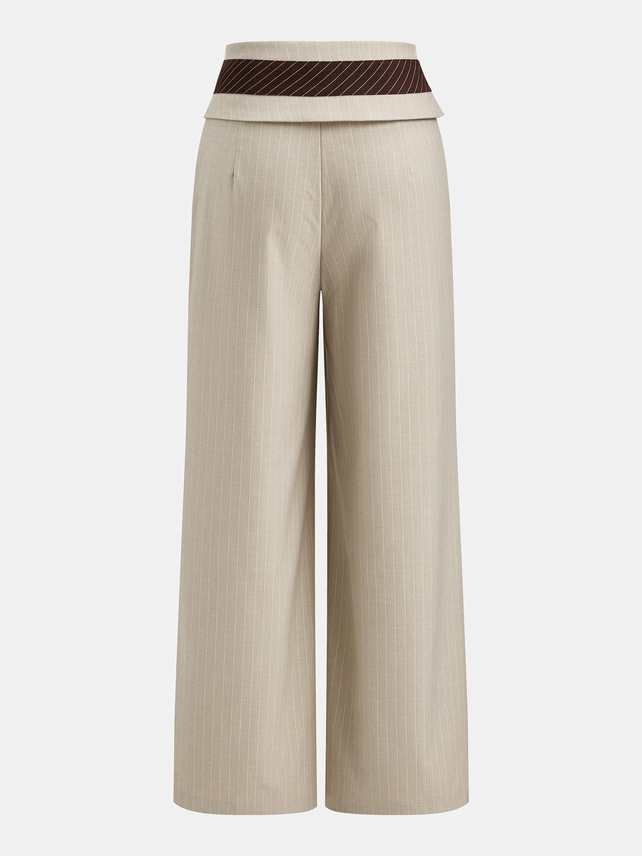 Fold Over Waist Pinstripe Wide Leg Pants