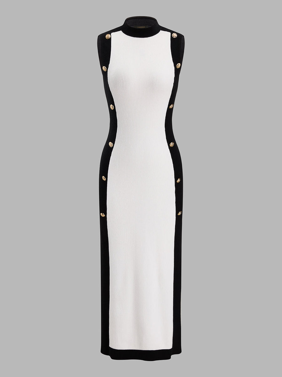 Color‑Block Metal Detail Knit Midi Dress