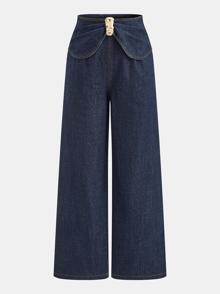 Decorative Buckle Twist Waist Straight Leg Jeans