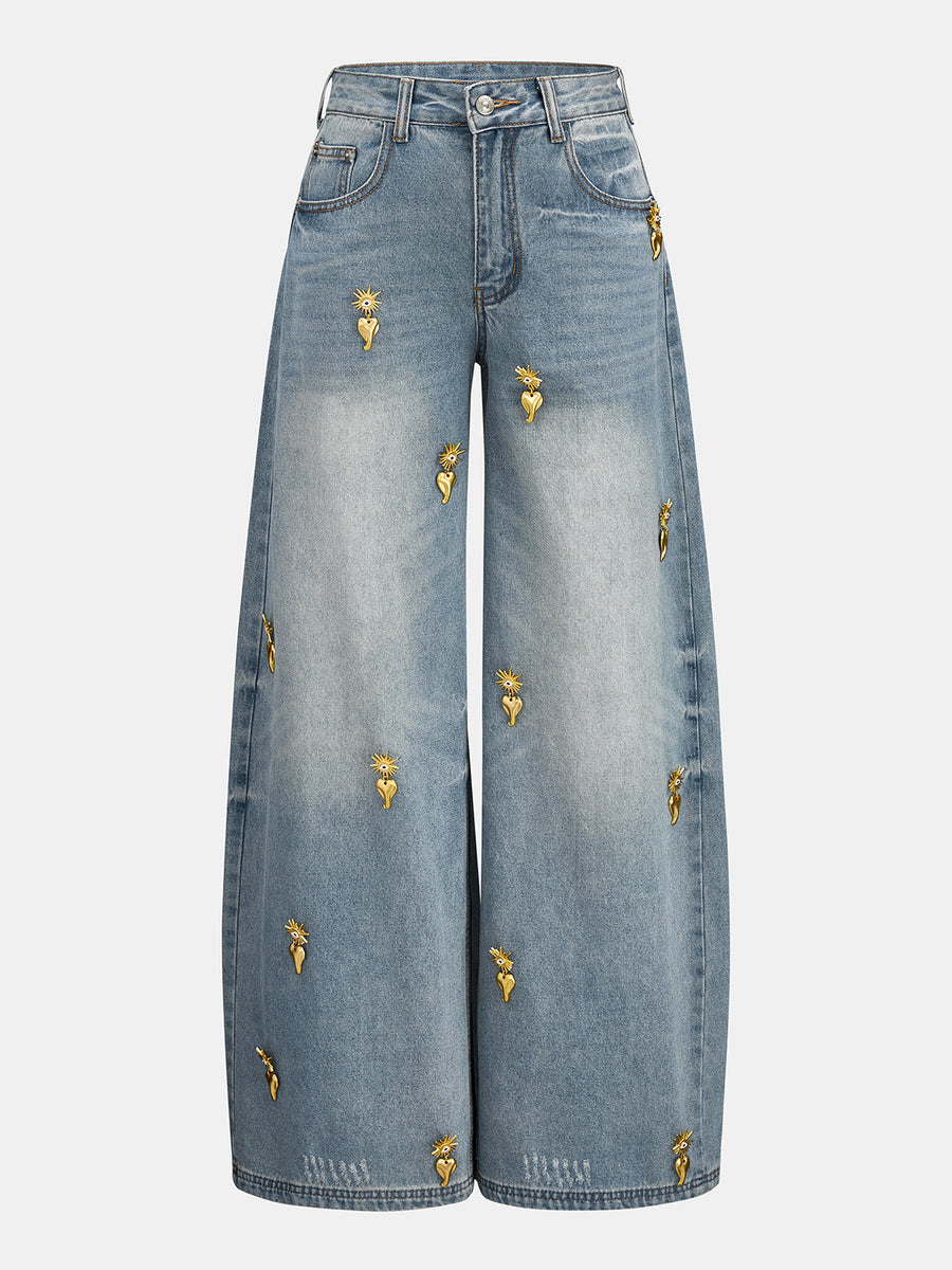 Heart Embellished Wide Leg Denim Pants