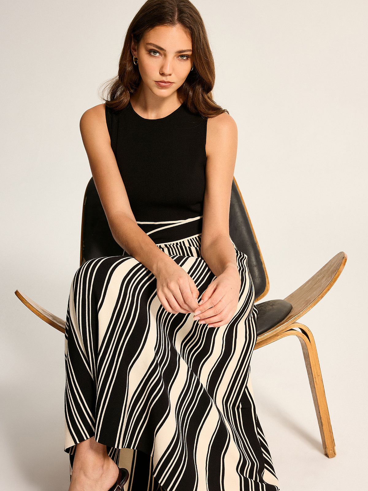 Sleeveless Tie-Waist Striped Knit Midi Dress