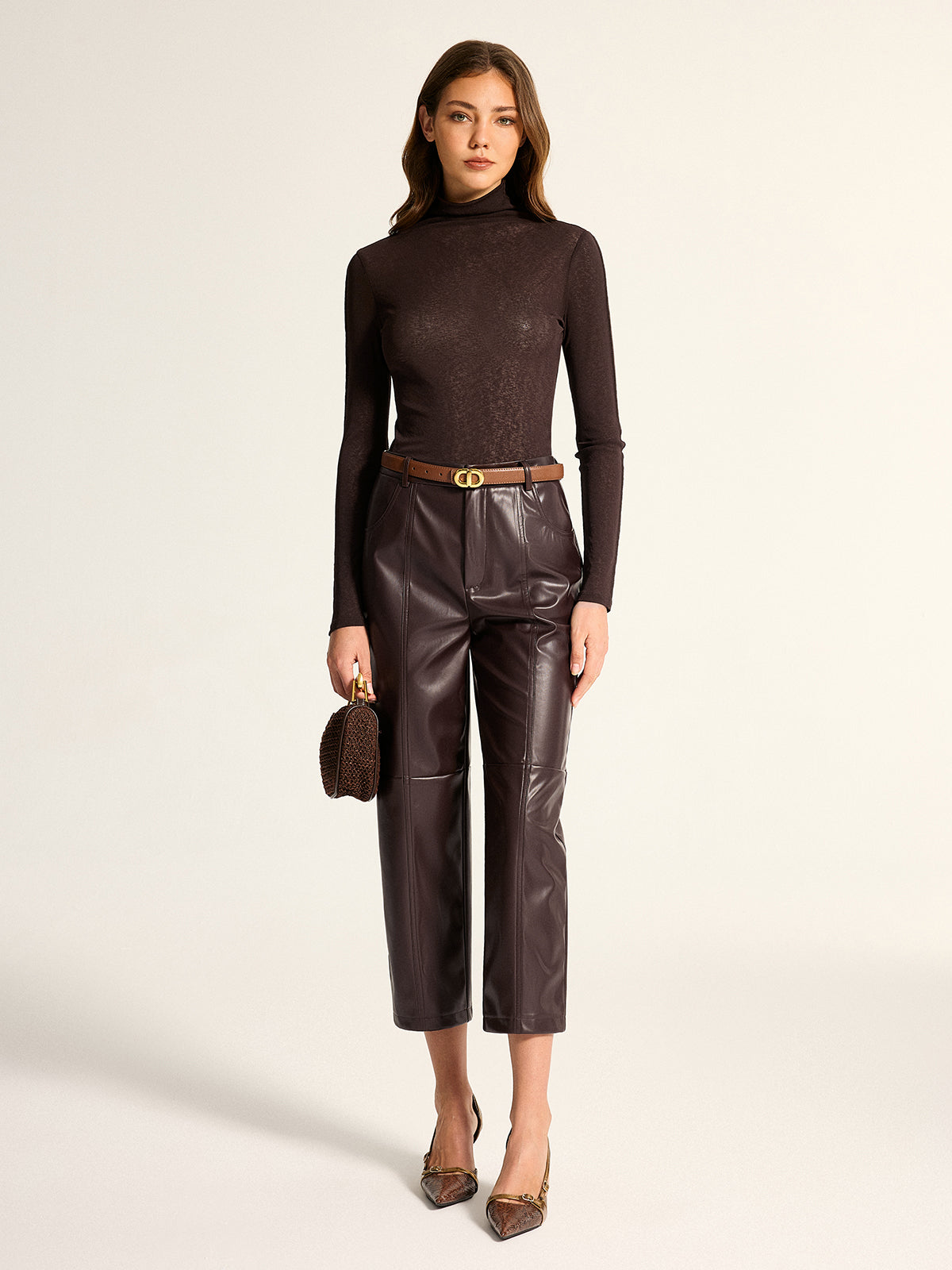 Seamed Faux Leather Cropped Straight Leg Pants