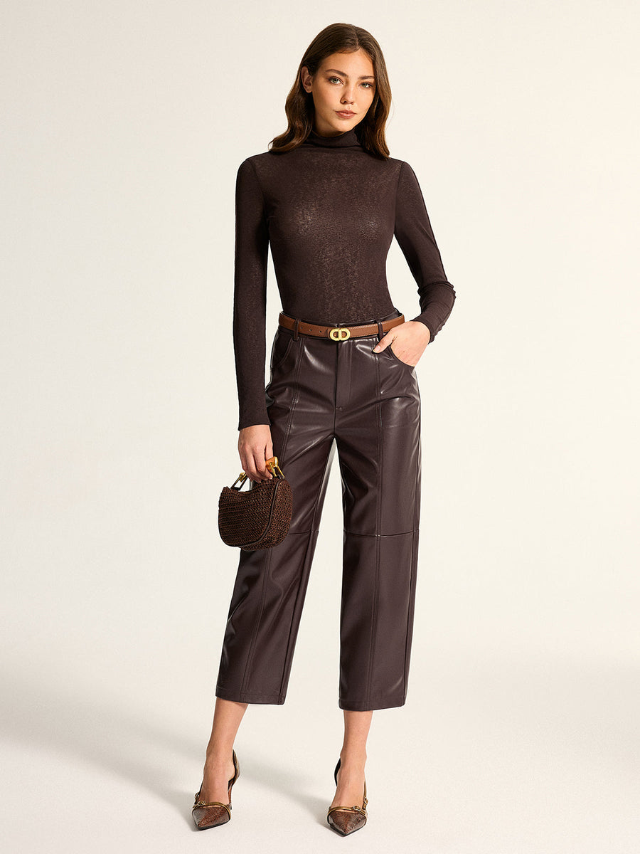 Seamed Faux Leather Cropped Straight Leg Pants