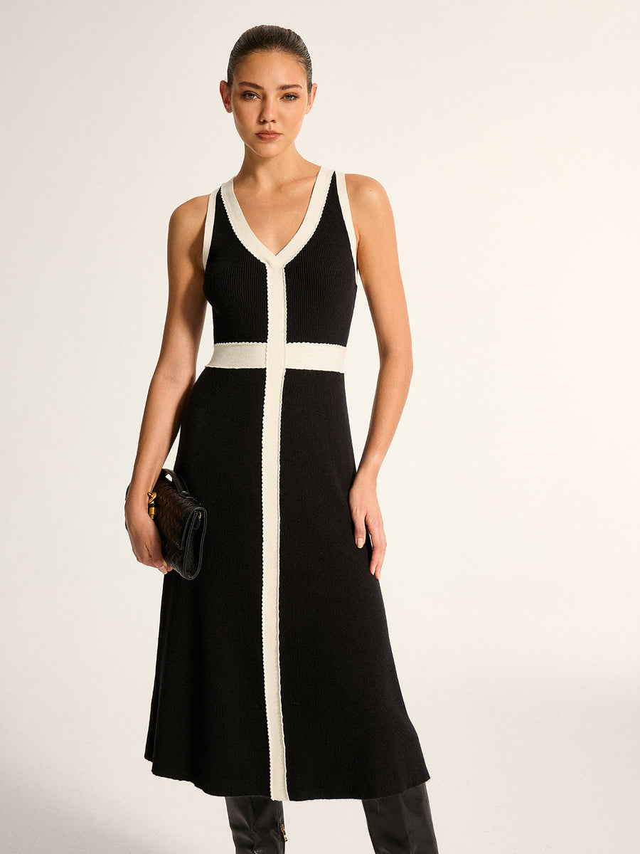 Contrast Trim Sleeveless V‑Neck Knit Midi Dress