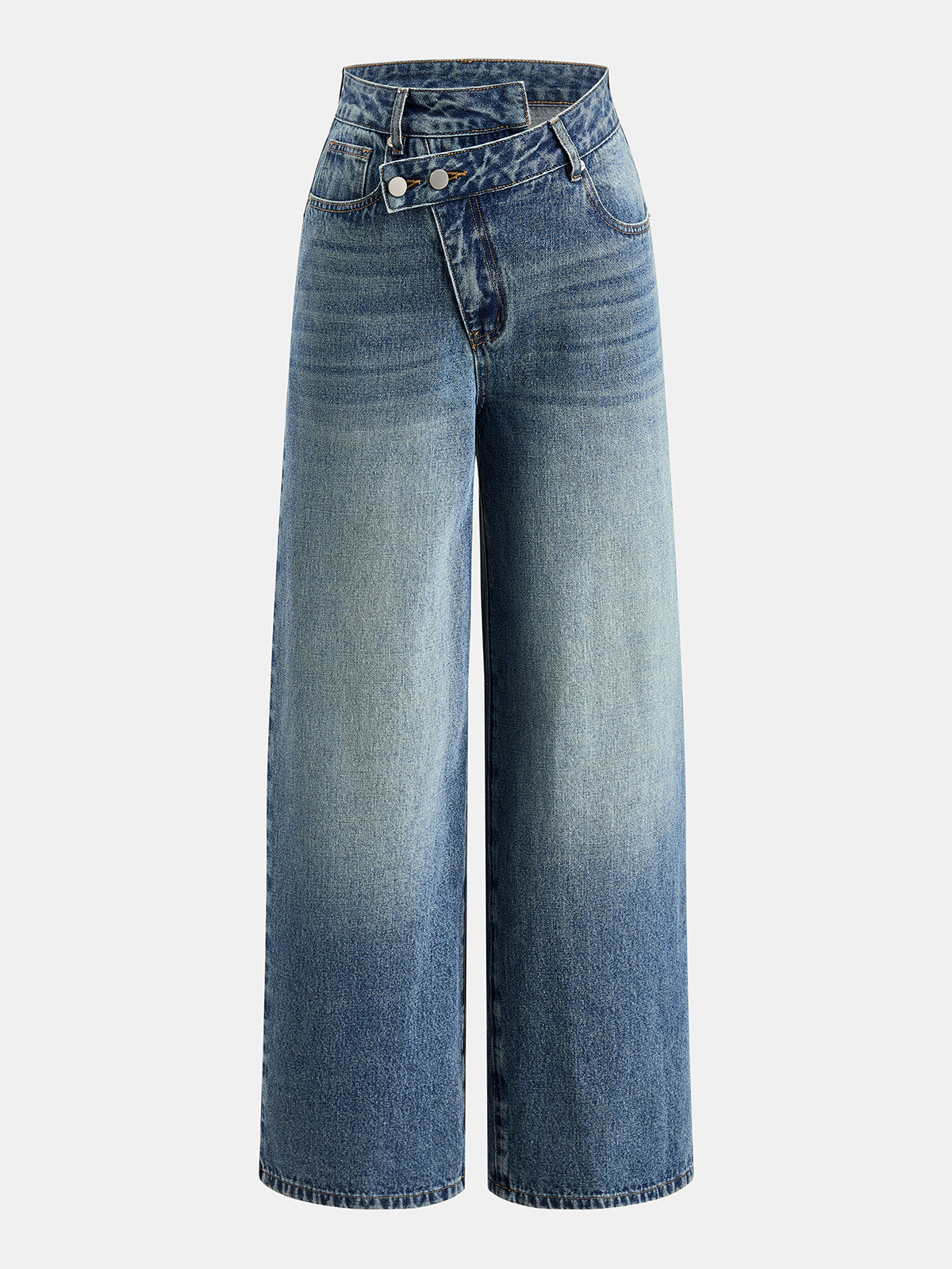 Asymmetric Waist Gradient‑Wash Wide‑Leg Jeans