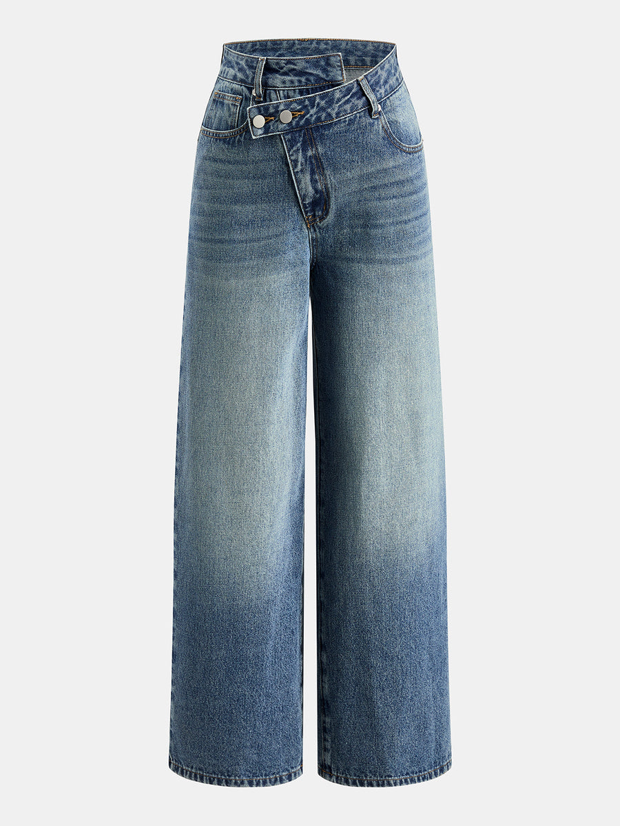 Asymmetric Waist Gradient‑Wash Wide‑Leg Jeans
