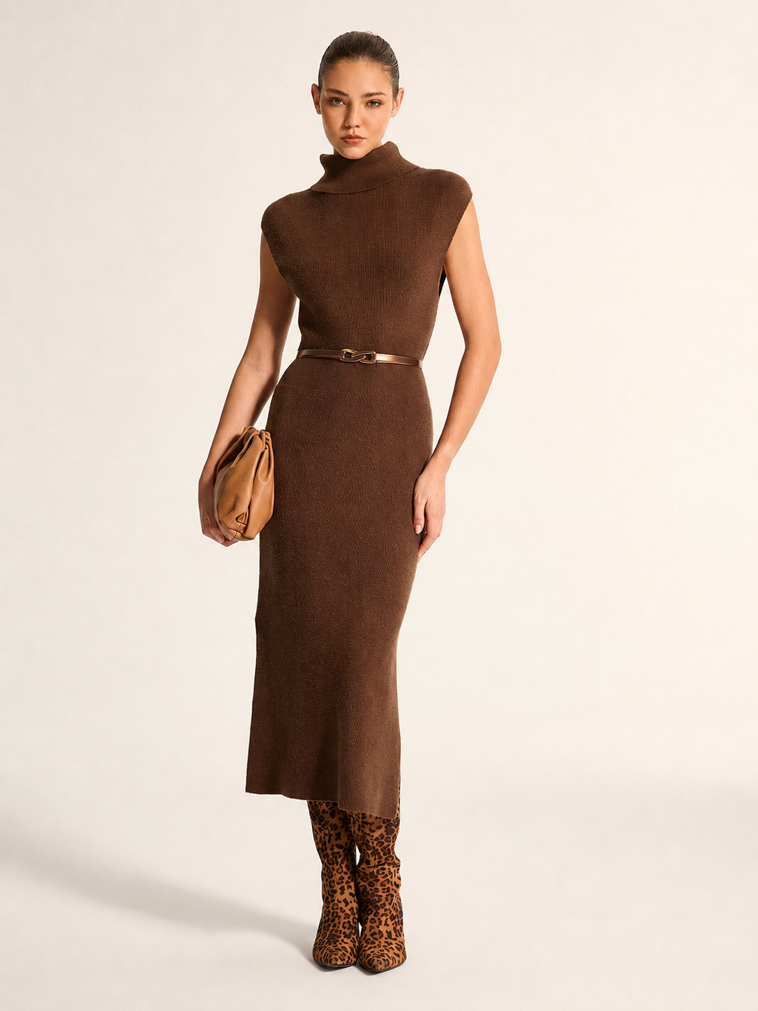 Wool Blend Turtleneck Side Slit Maxi Dress