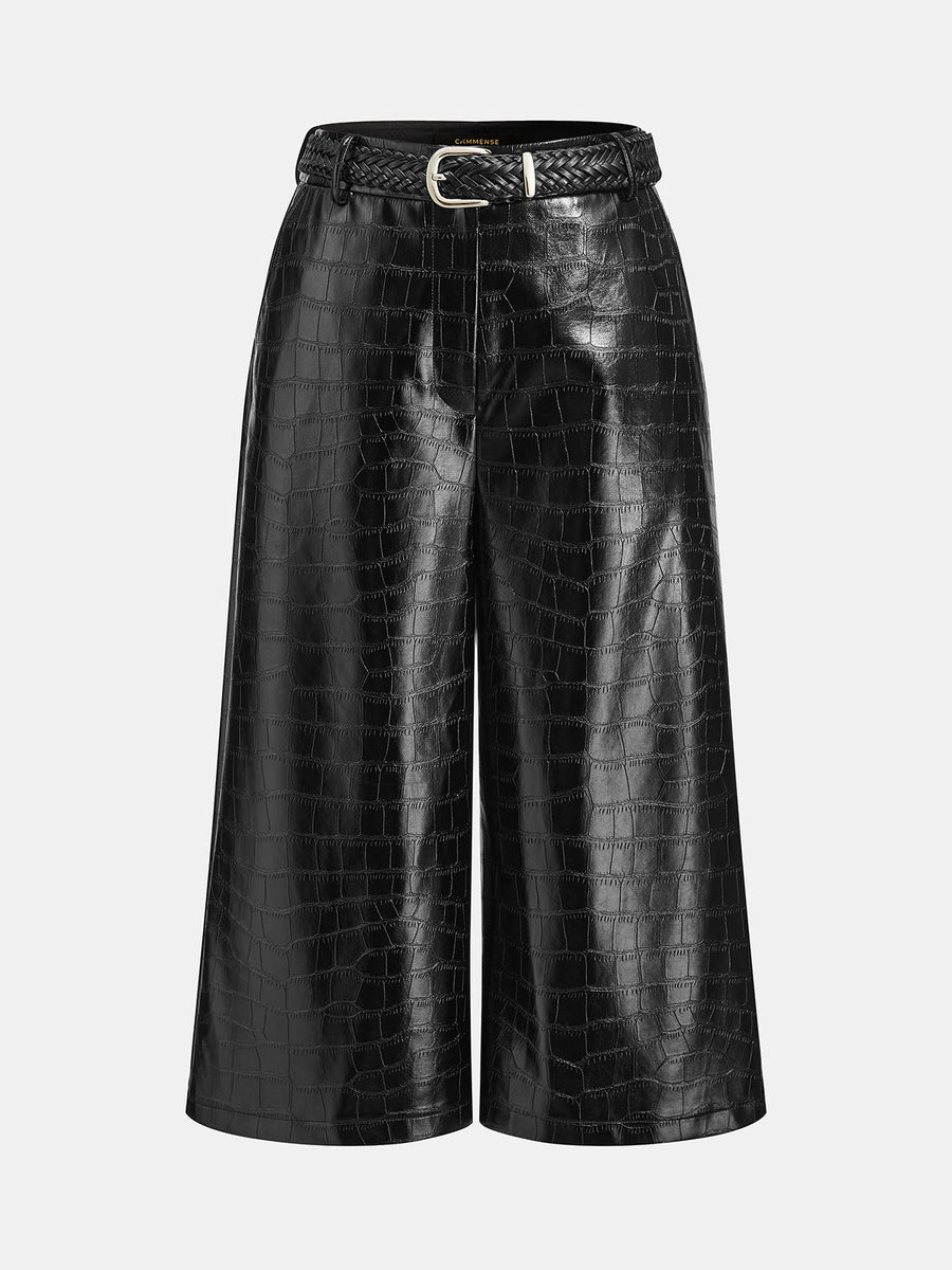Croc-Embossed Faux Leather Culotte Pants