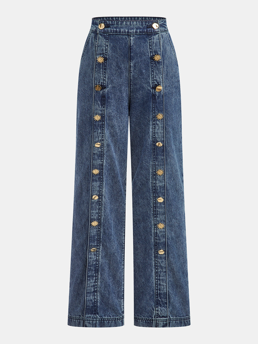 Sailor Style Double-Breasted Denim Pants